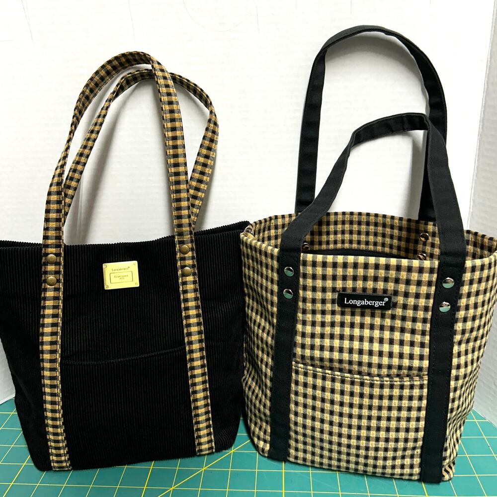 (2) Longaberger Homestead Mini Tote Bag Purse Black Tan Gingham Canvas Corduroy
